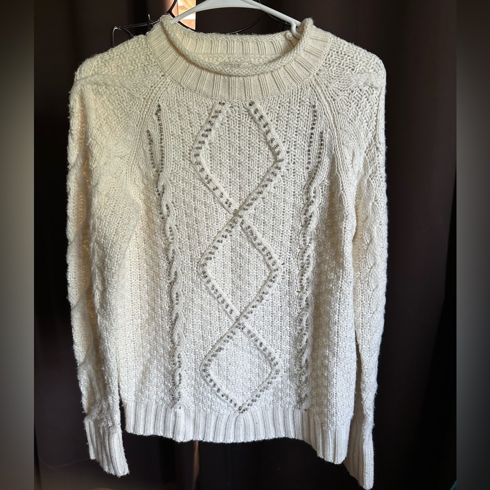 J.Crew Ivory Beaded‎ Cable Knit Sweater Merino Wool Blend​